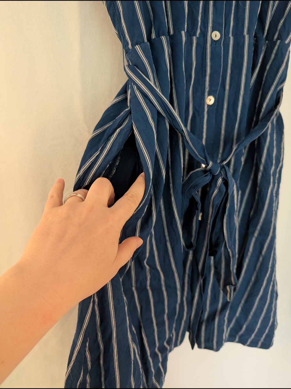 Draper James Navy and White Striped Button-Front Midi Shirt Dress - Picture 2 of 3